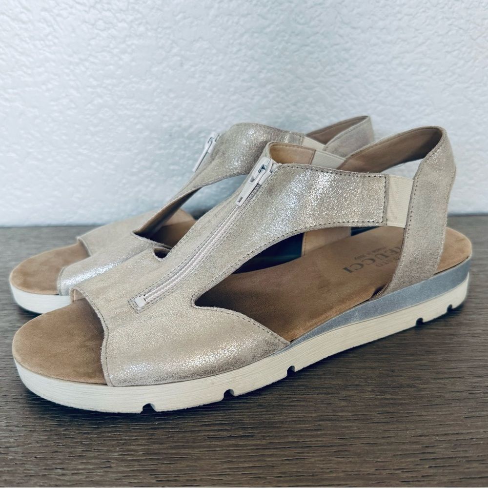 Sesto Meucci Gold Metallic Shimmer Leather Zip Sandals